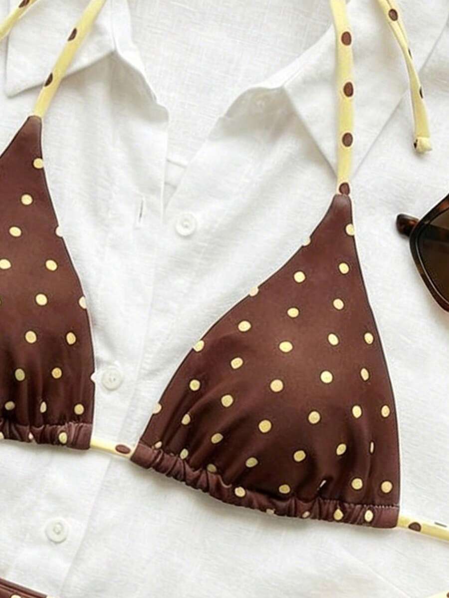 Women's high waist 2-piece triangle bikini set featuring colorblock trim, halter neckline, wireless bra with removable padding, and tie-side bottoms.