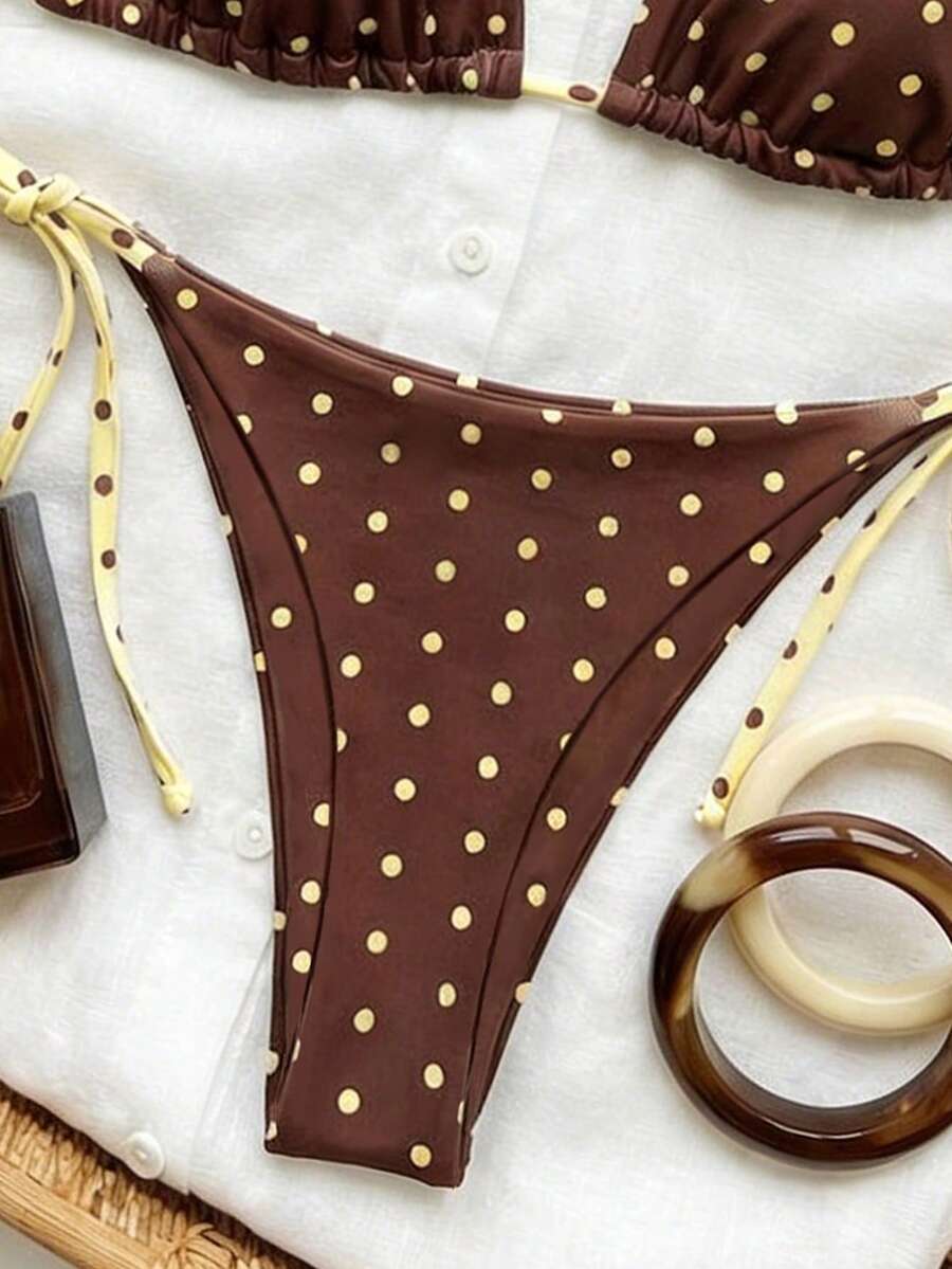 Women's high waist 2-piece triangle bikini set featuring colorblock trim, halter neckline, wireless bra with removable padding, and tie-side bottoms.