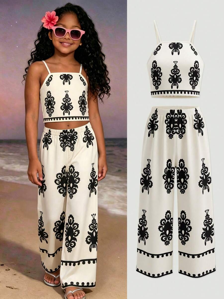 Tween girls casual 2-piece set featuring an apricot woven camisole crop top with back shirring and matching high-waisted loose long pants.