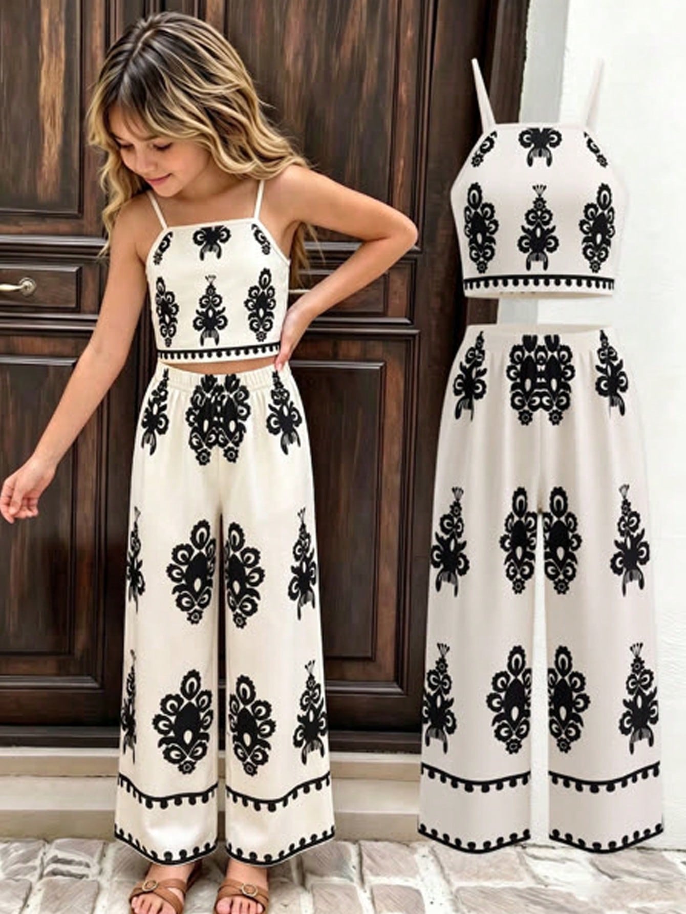Tween girls casual 2-piece set featuring an apricot woven camisole crop top with back shirring and matching high-waisted loose long pants.