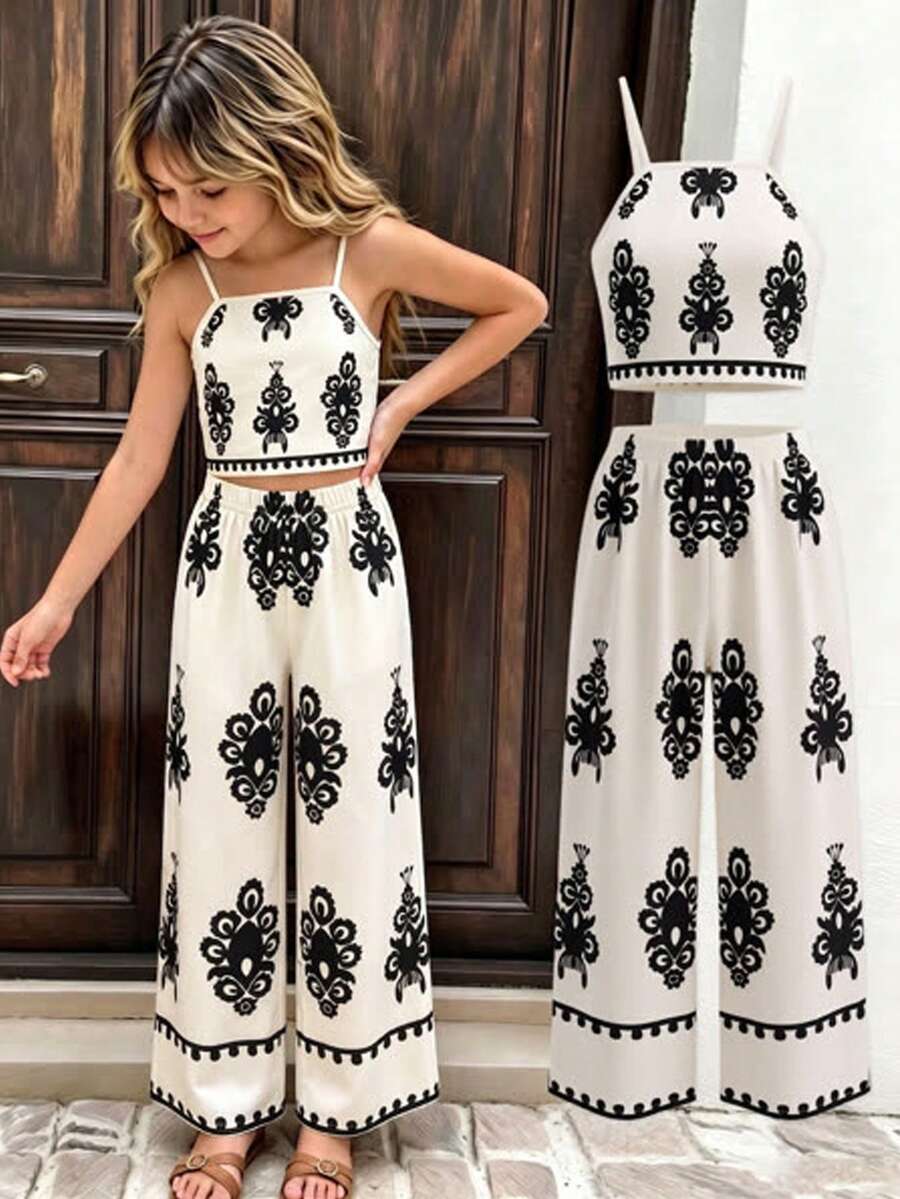 Tween girls casual 2-piece set featuring an apricot woven camisole crop top with back shirring and matching high-waisted loose long pants.