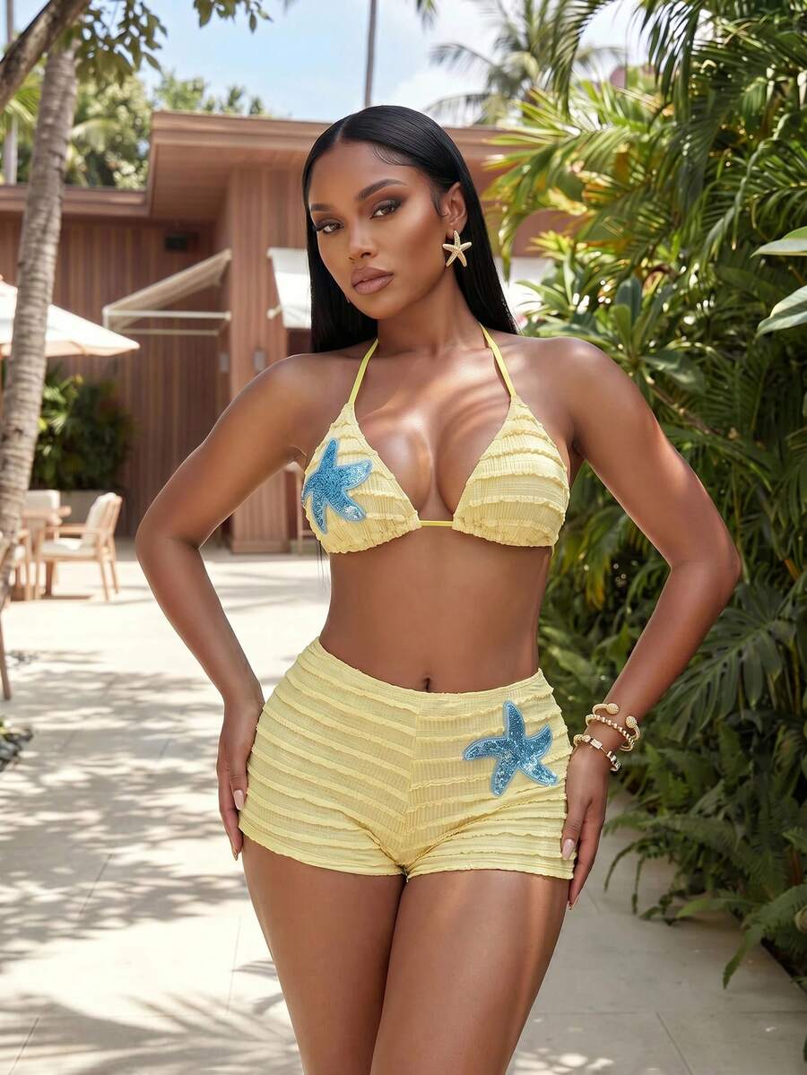 Women's apricot two-piece swimsuit set with a halter tie-back top and matching high stretch shorts.