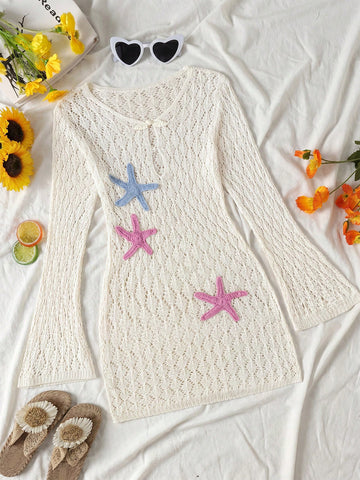 Tween girls semi-sheer white cover-up dress with V-neckline, long sleeves, contrast lace details, and zipper accent for beachwear layering.