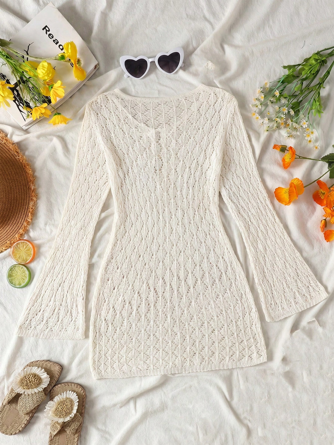 Tween girls semi-sheer white cover-up dress with V-neckline, long sleeves, contrast lace details, and zipper accent for beachwear layering.