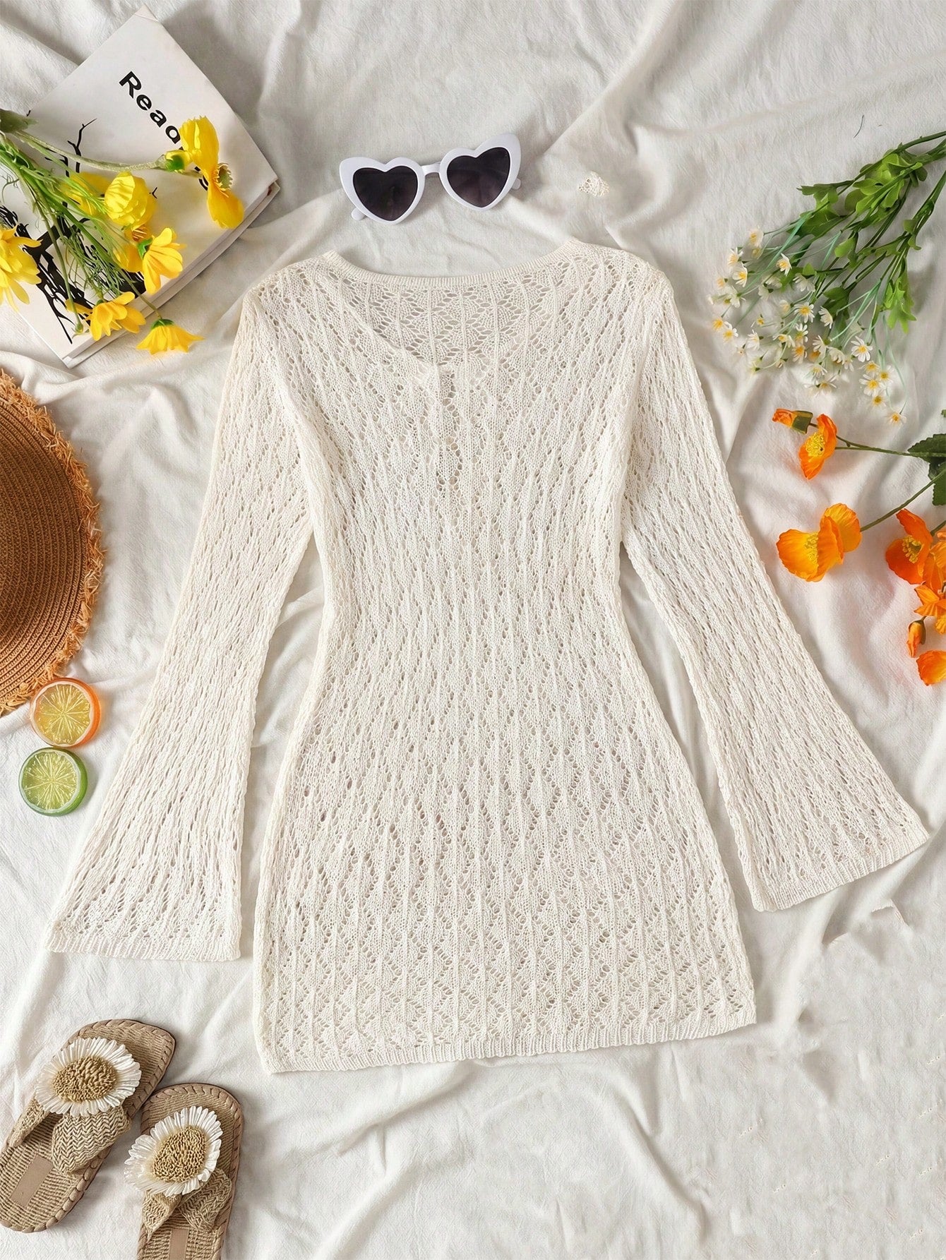 Tween girls semi-sheer white cover-up dress with V-neckline, long sleeves, contrast lace details, and zipper accent for beachwear layering.