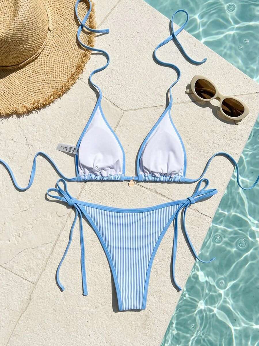 Women's high waist 2-piece triangle bikini set featuring colorblock trim, halter neckline, wireless bra with removable padding, and tie-side bottoms.