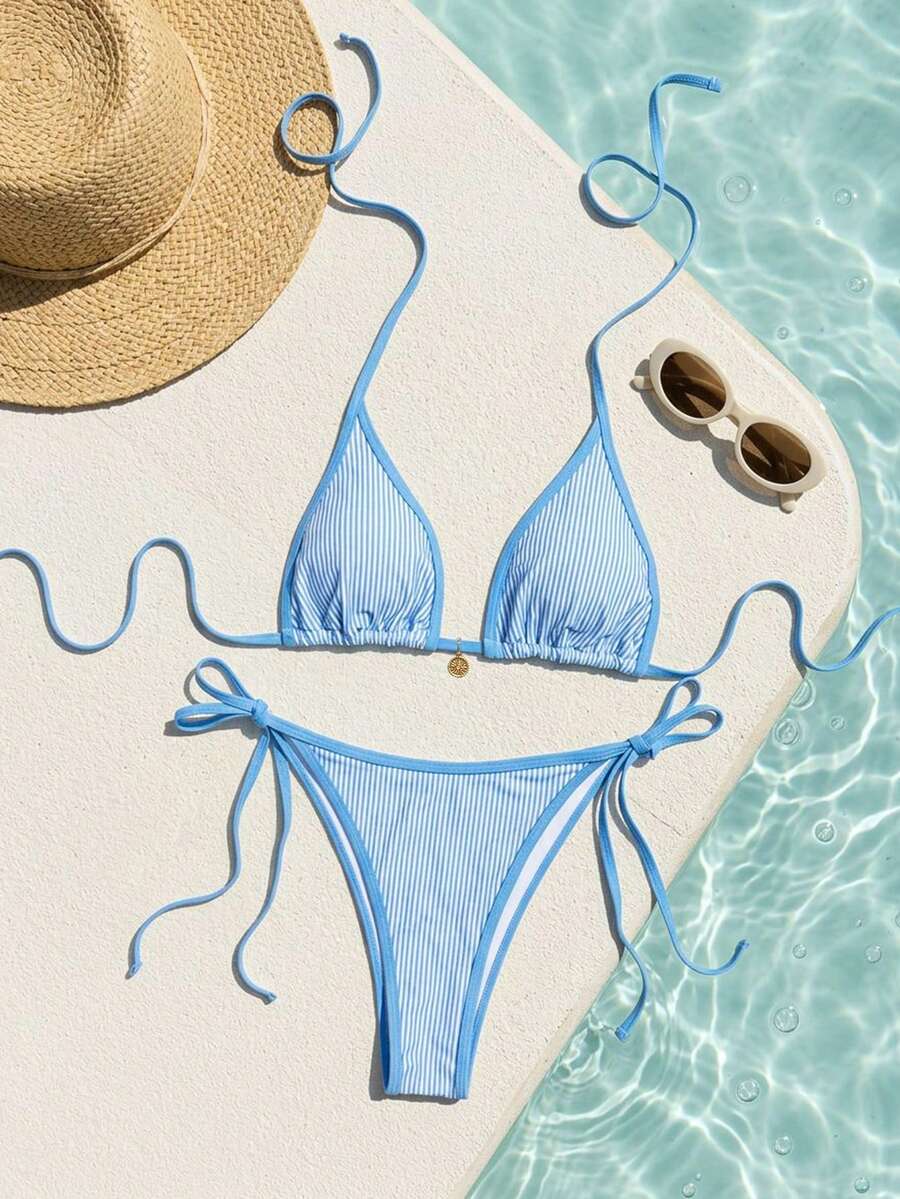 Women's high waist 2-piece triangle bikini set featuring colorblock trim, halter neckline, wireless bra with removable padding, and tie-side bottoms.
