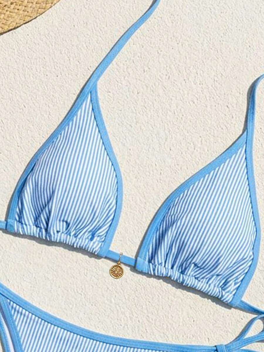 Women's high waist 2-piece triangle bikini set featuring colorblock trim, halter neckline, wireless bra with removable padding, and tie-side bottoms.