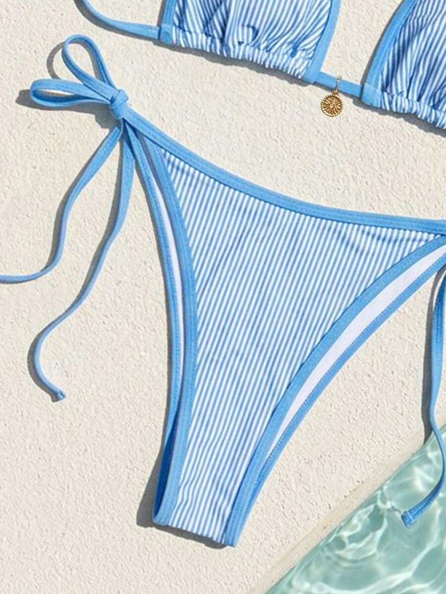 Women's high waist 2-piece triangle bikini set featuring colorblock trim, halter neckline, wireless bra with removable padding, and tie-side bottoms.