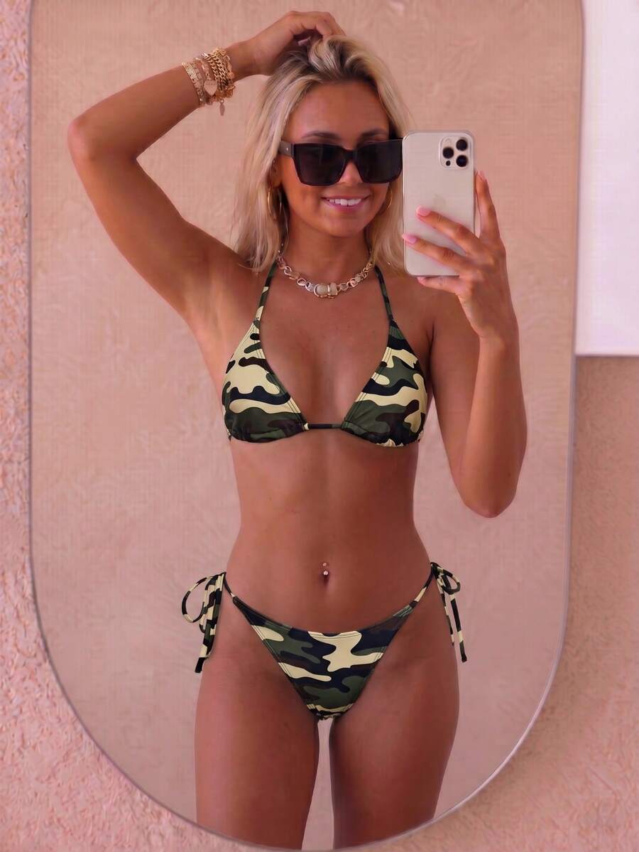 Women's high waist camouflage bikini set featuring a halter top with triangle wireless cups and backless design.