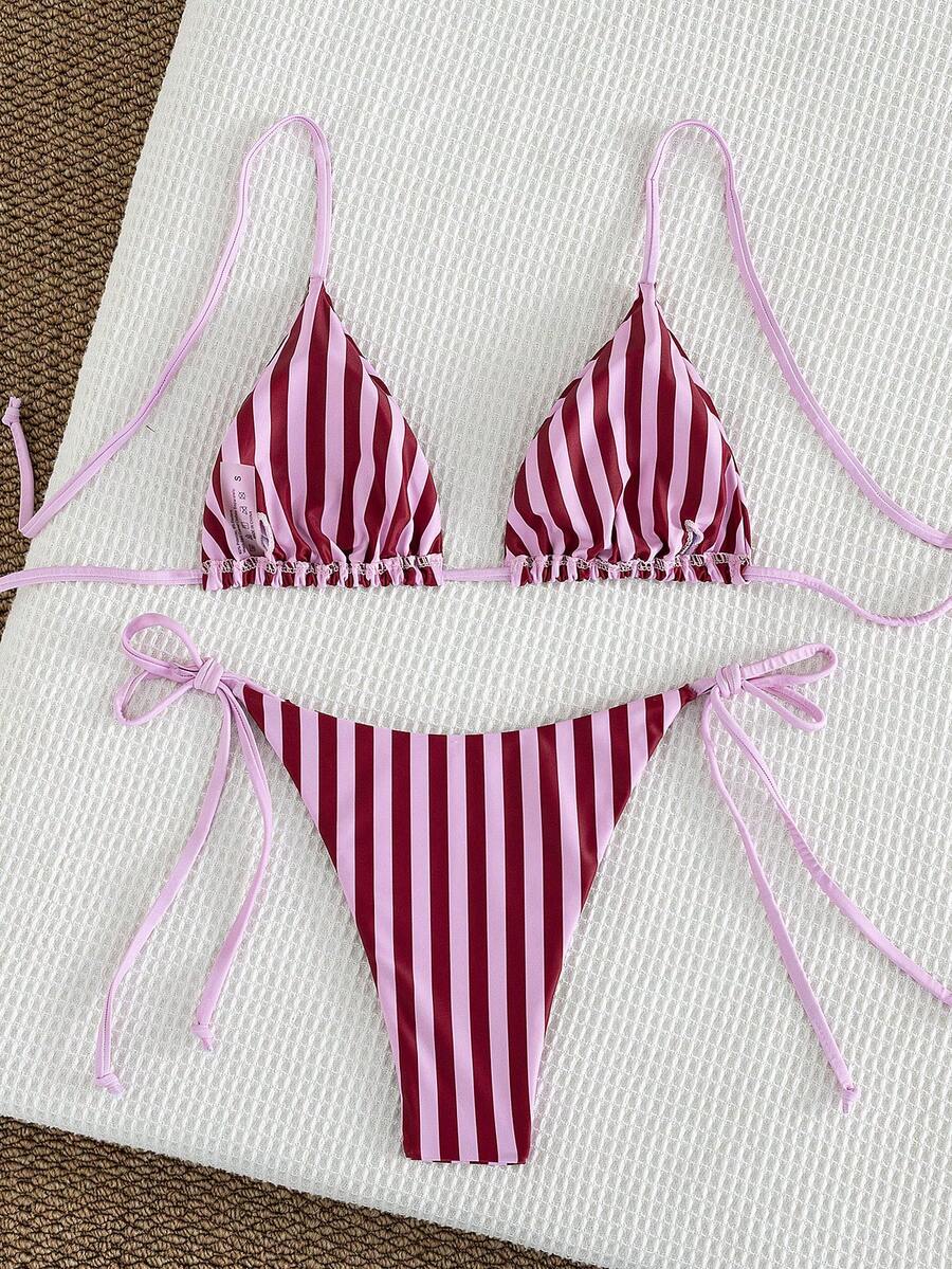 Multicolor striped halter neck two-piece bikini set featuring wireless triangle cups and low-waist tie-side bottoms.