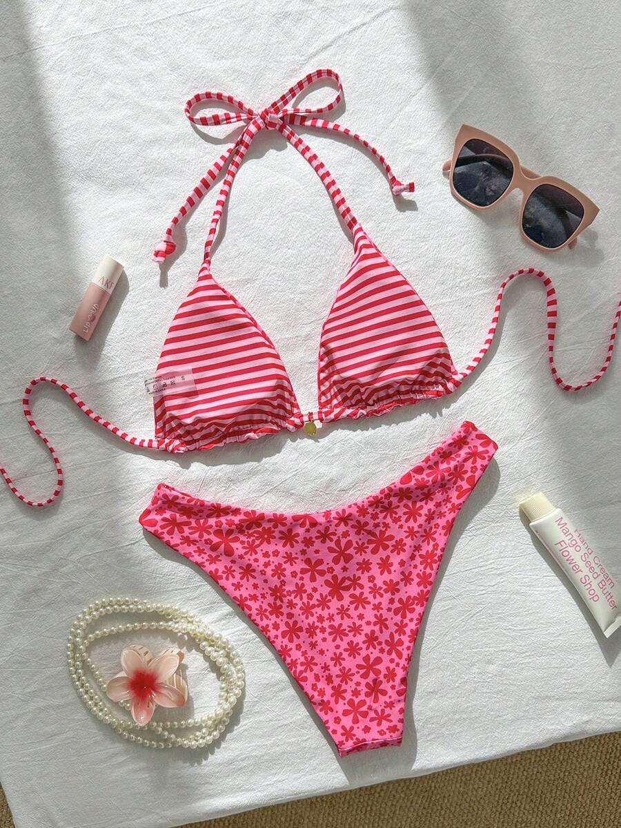 Women's black textured plaid 2-piece bikini set featuring a halter neckline, wireless triangle cups with removable padding, and mid-waist bottoms.