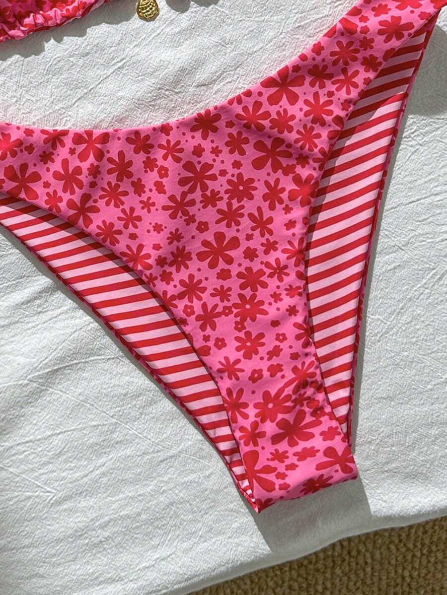 Women's black textured plaid 2-piece bikini set featuring a halter neckline, wireless triangle cups with removable padding, and mid-waist bottoms.
