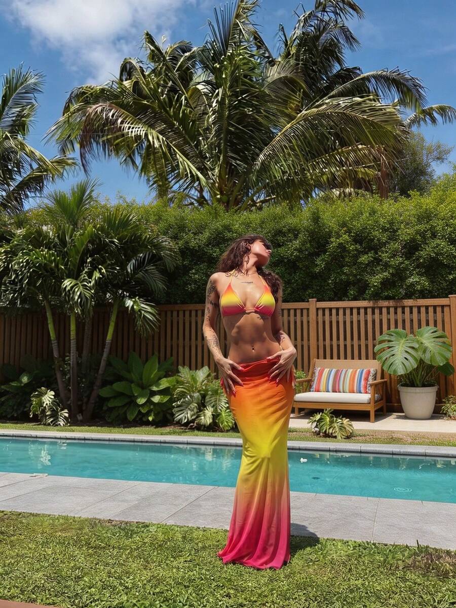 Women's 3-piece gradient bikini set featuring a green halter tie top with removable padding, low waist bottoms, and a matching sheer mesh skirt.