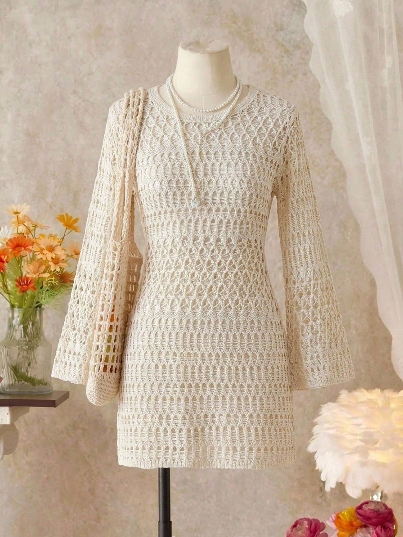 Apricot long sleeve hollow out beach cover up dress for tween girls