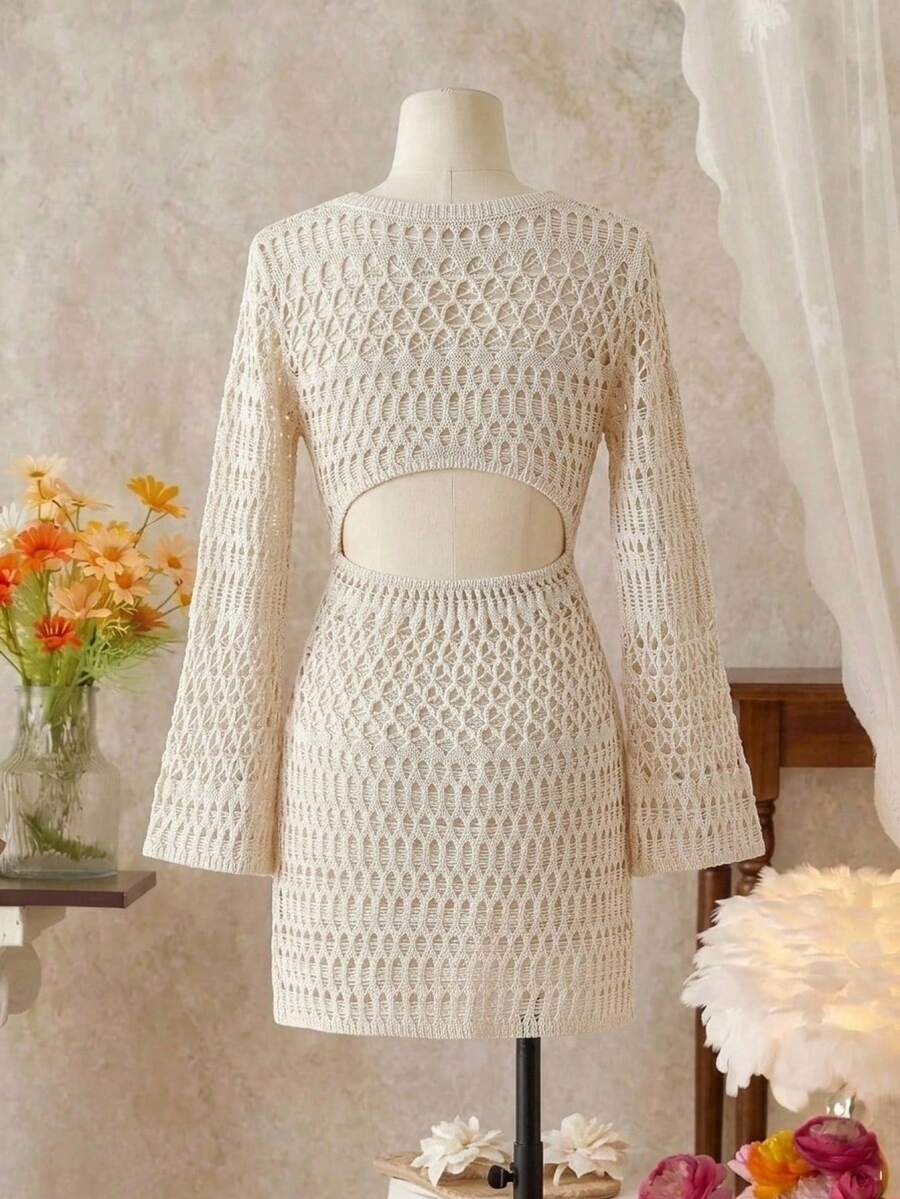 Tween girls semi-sheer long sleeve beach cover up dress with boat neckline and plain design for vacation swimwear layering.