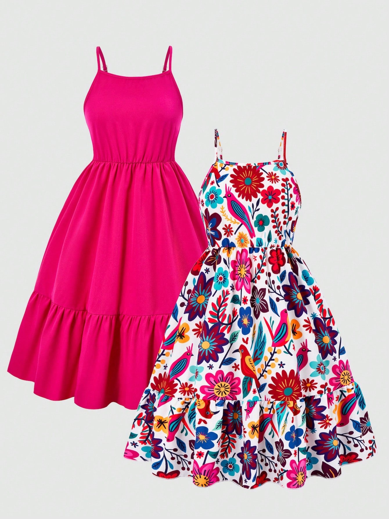 Tween girl blue plant print spaghetti strap cami dress with shirred high waist and flounce ruffled hem