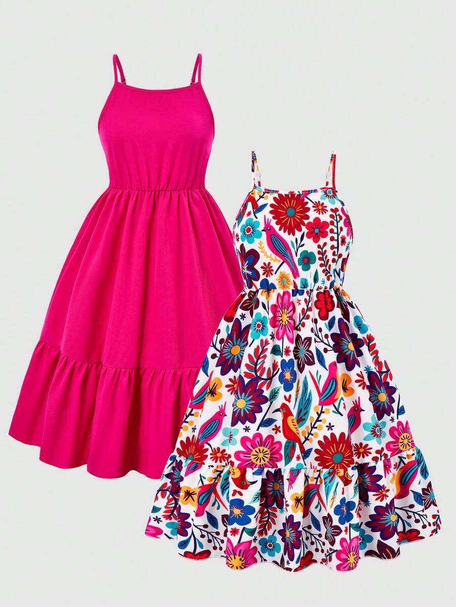 Tween girl blue plant print spaghetti strap cami dress with shirred high waist and flounce ruffled hem