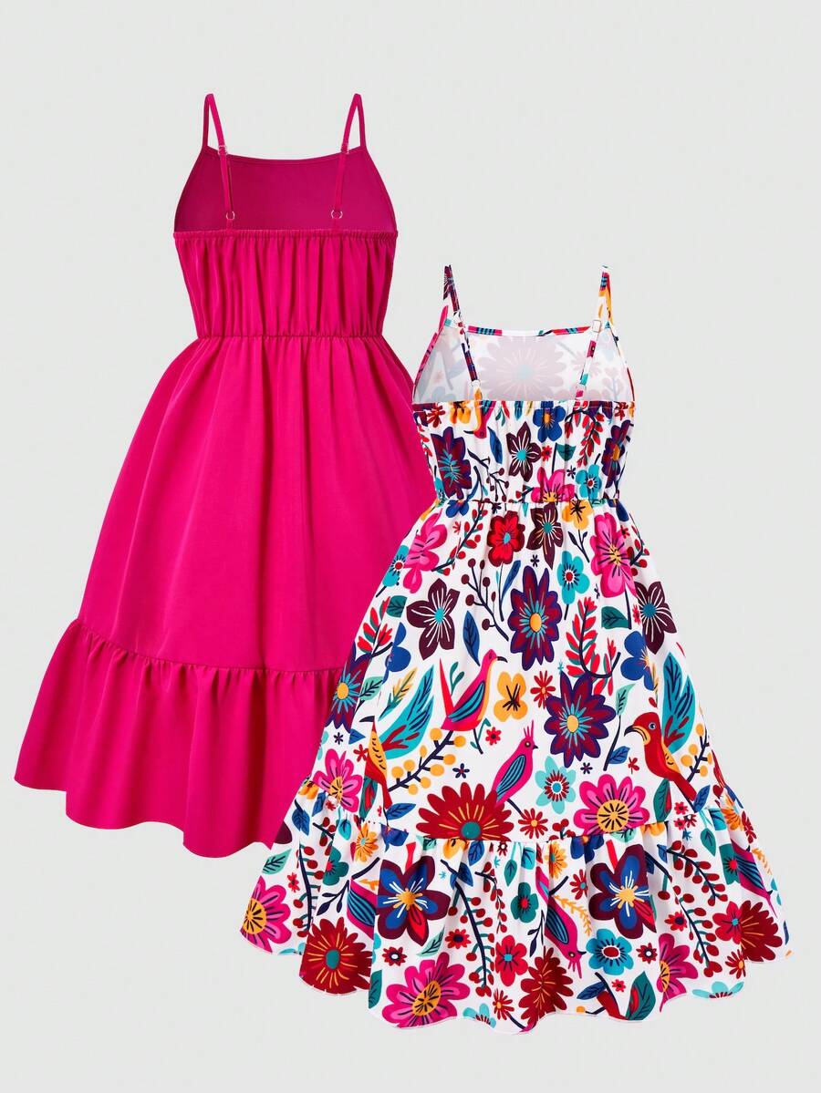 Tween girl blue plant print spaghetti strap cami dress with shirred high waist and flounce ruffled hem