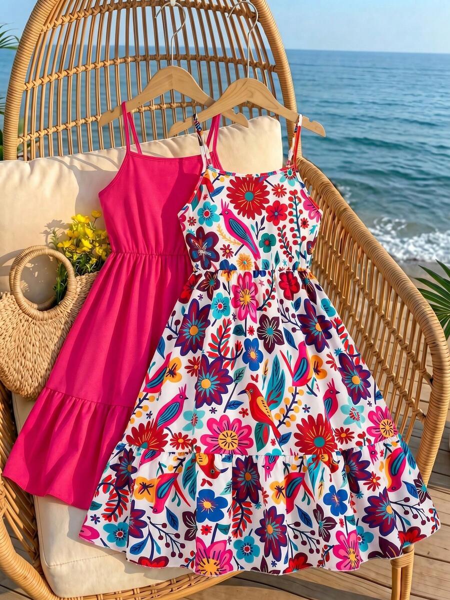 Tween girl blue plant print spaghetti strap cami dress with shirred high waist and flounce ruffled hem