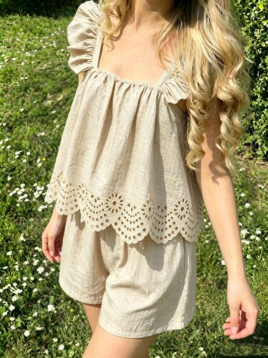 Tween girls 2-piece bohemian outfit set in apricot featuring a square neck embroidered sleeveless camisole top and matching floral wide leg shorts.