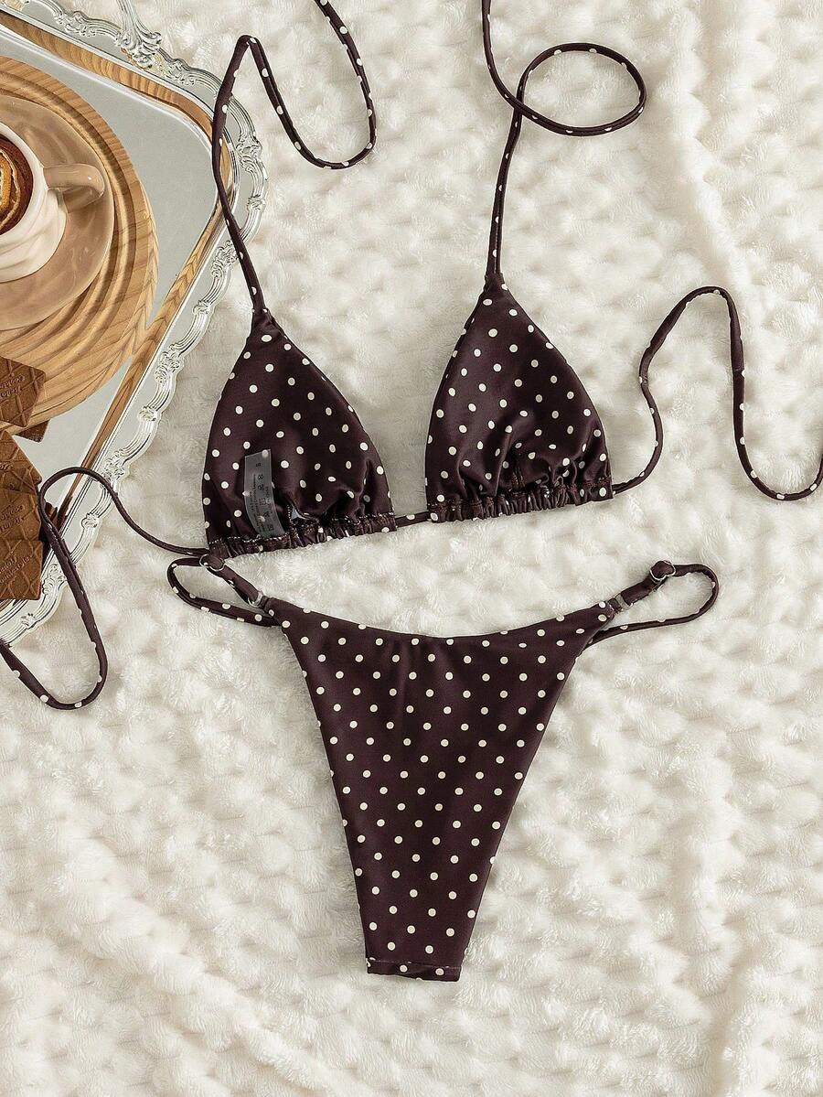 Women's printed halter neck tie two-piece swimwear featuring a wireless triangle top with removable padding and high-waist high-cut bikini bottoms.