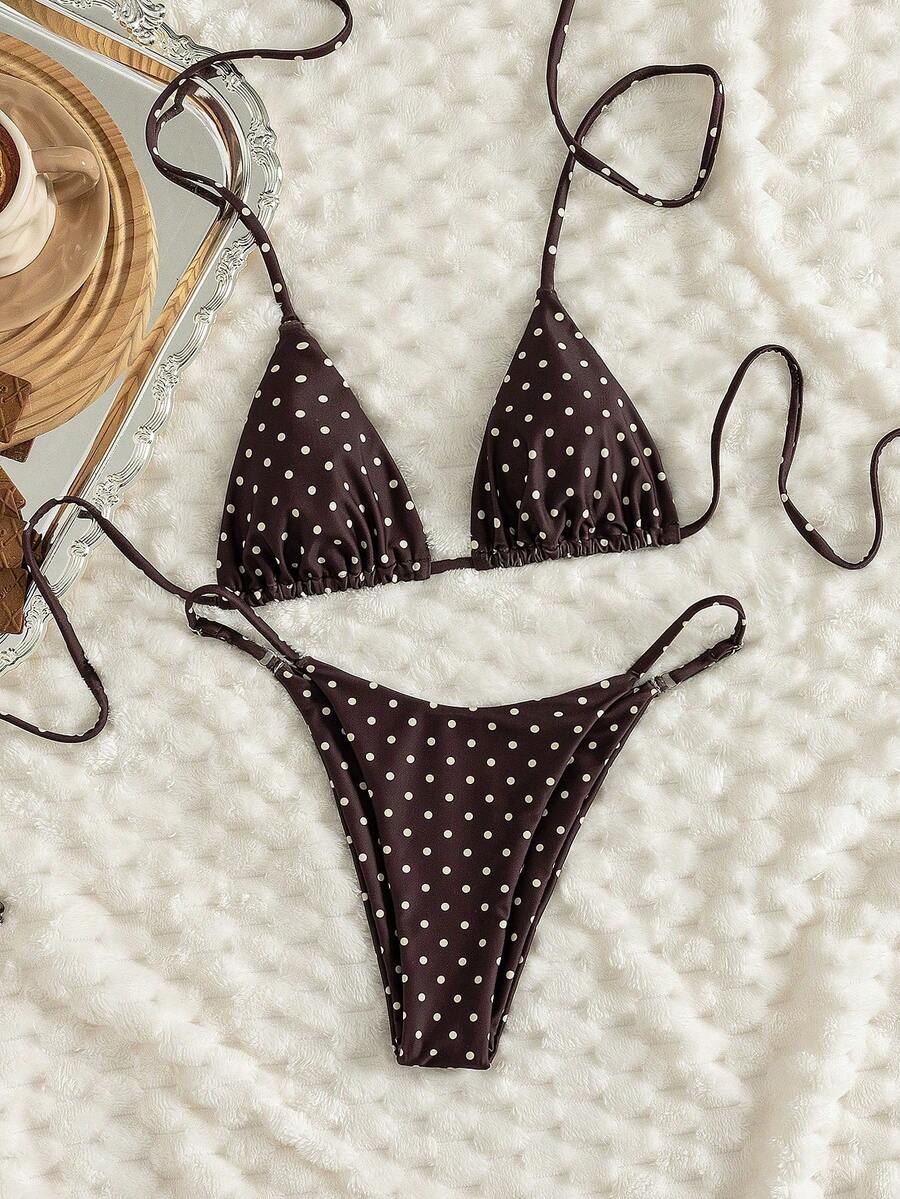 Women's printed halter neck tie two-piece swimwear featuring a wireless triangle top with removable padding and high-waist high-cut bikini bottoms.