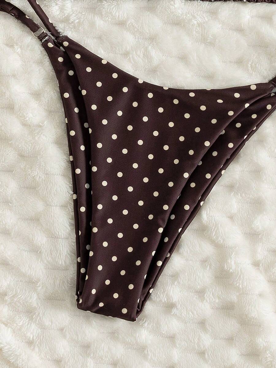 Women's printed halter neck tie two-piece swimwear featuring a wireless triangle top with removable padding and high-waist high-cut bikini bottoms.