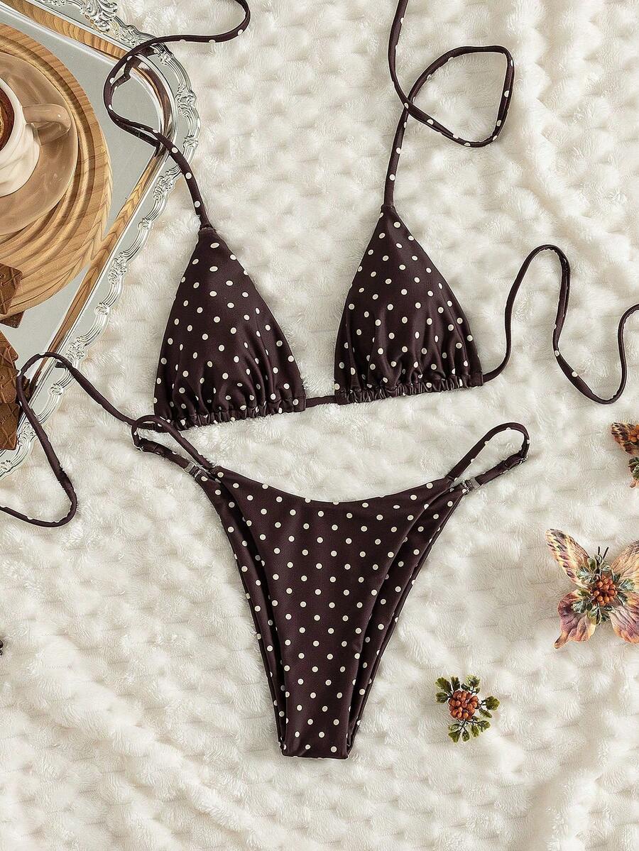 Women's printed halter neck tie two-piece swimwear featuring a wireless triangle top with removable padding and high-waist high-cut bikini bottoms.