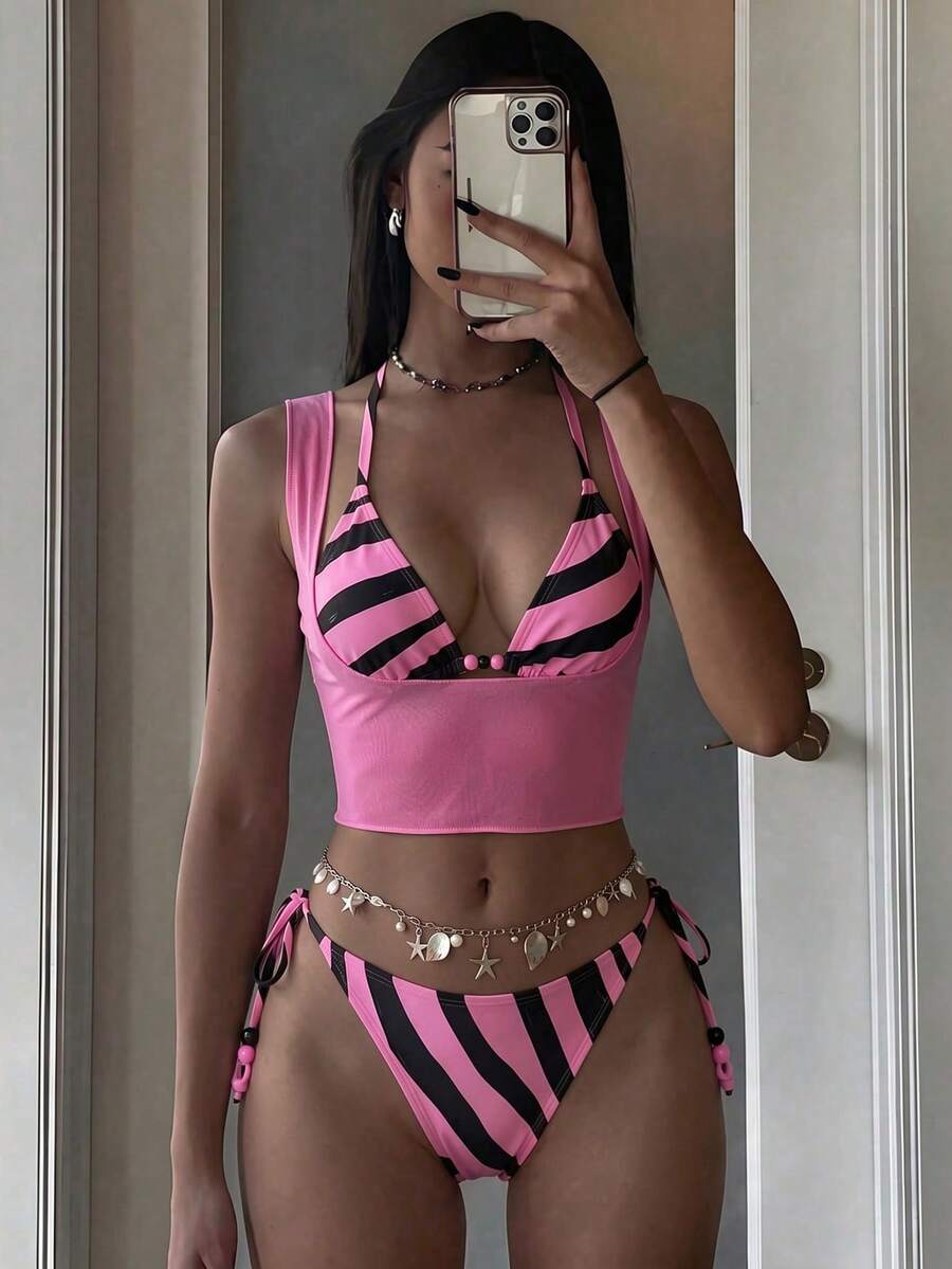 Brown striped 3-piece bikini set for women featuring a halter tie neck, wireless triangle cups with removable padding, cut-out details, and low waist tie side bottoms.