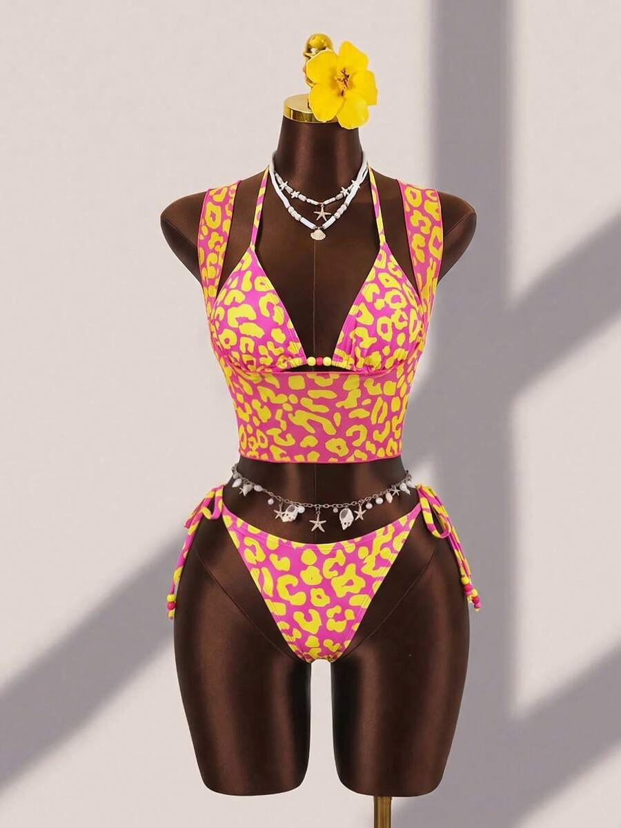 Brown striped 3-piece bikini set for women featuring a halter tie neck, wireless triangle cups with removable padding, cut-out details, and low waist tie side bottoms.