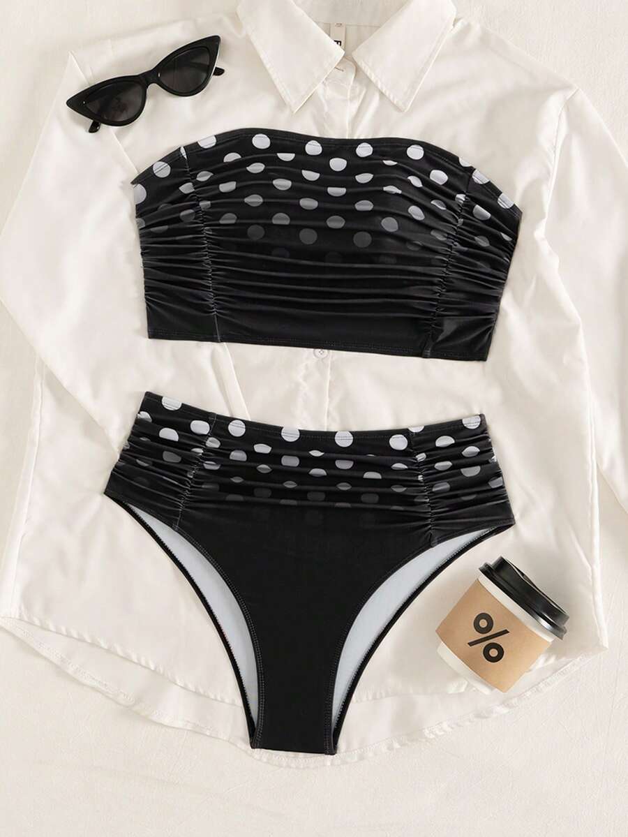 Women's black strapless ruched bandeau bikini top with high waisted bottoms