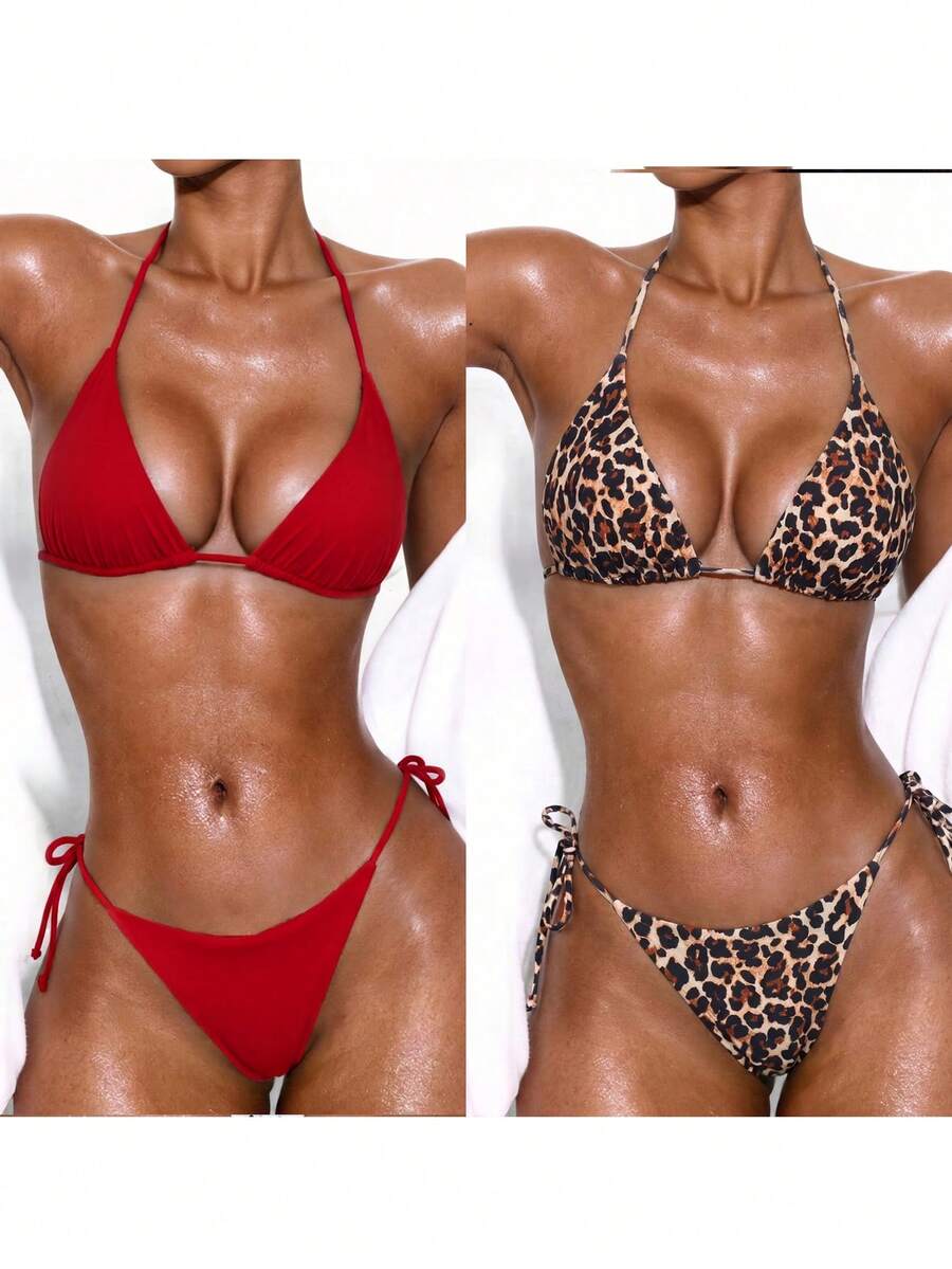 Apricot plain halter triangle bikini swimwear set with tie back top and low waist tie side thong bottom for women