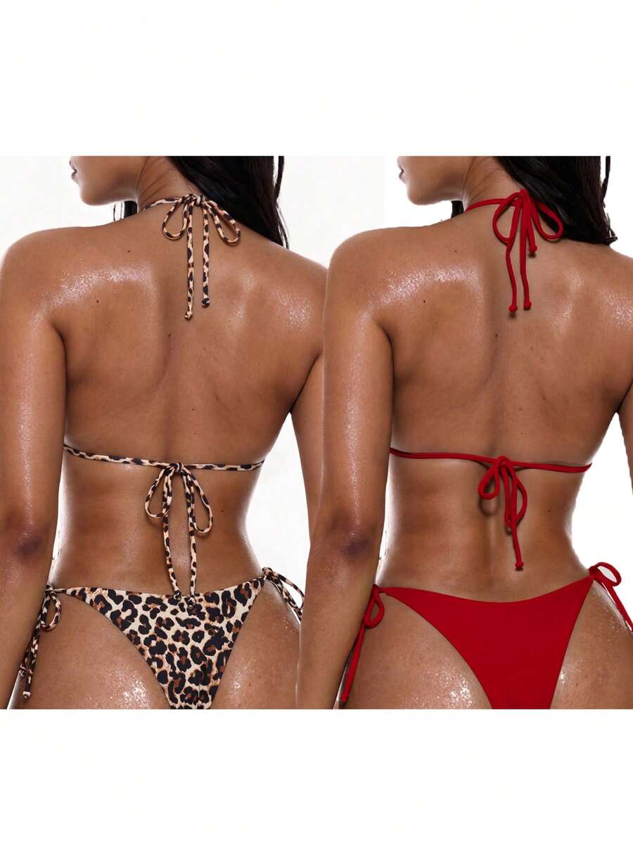 Apricot plain halter triangle bikini swimwear set with tie back top and low waist tie side thong bottom for women