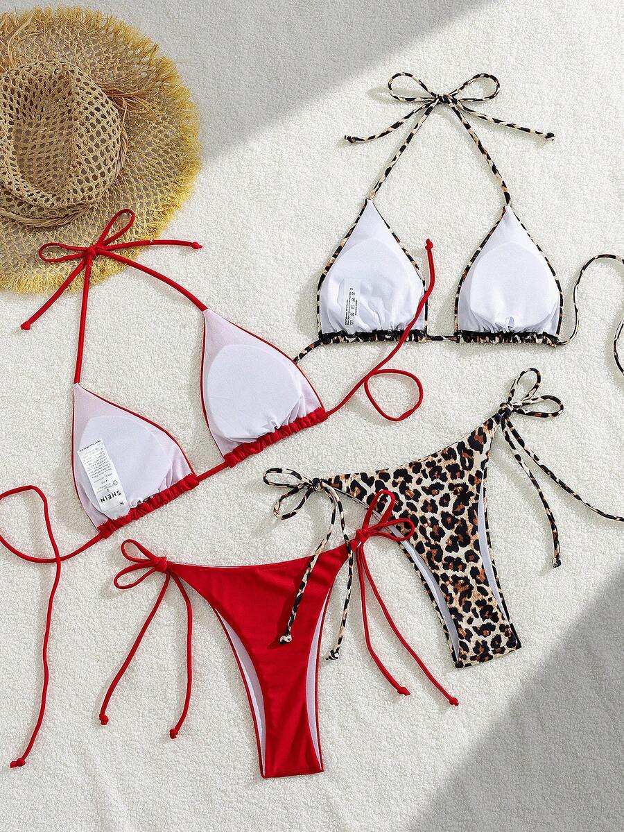Apricot plain halter triangle bikini swimwear set with tie back top and low waist tie side thong bottom for women