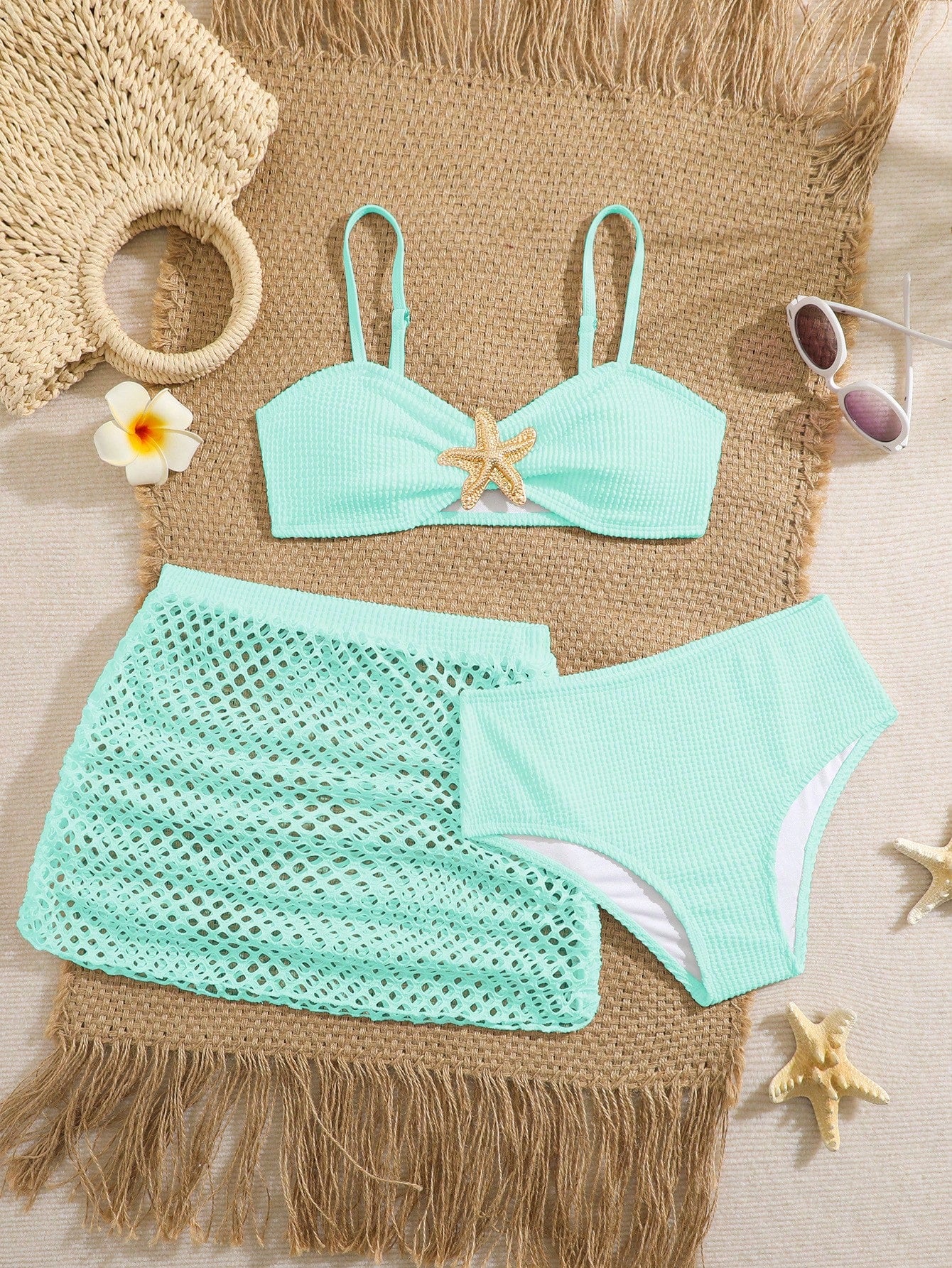 Pink Summer Cute Beach Holiday Tween Girl Elegant Bikini Set With Starfish Decor,Ruffle Beach Dress 3-Piece Children's Swimwear For Teenagers,Vacation
