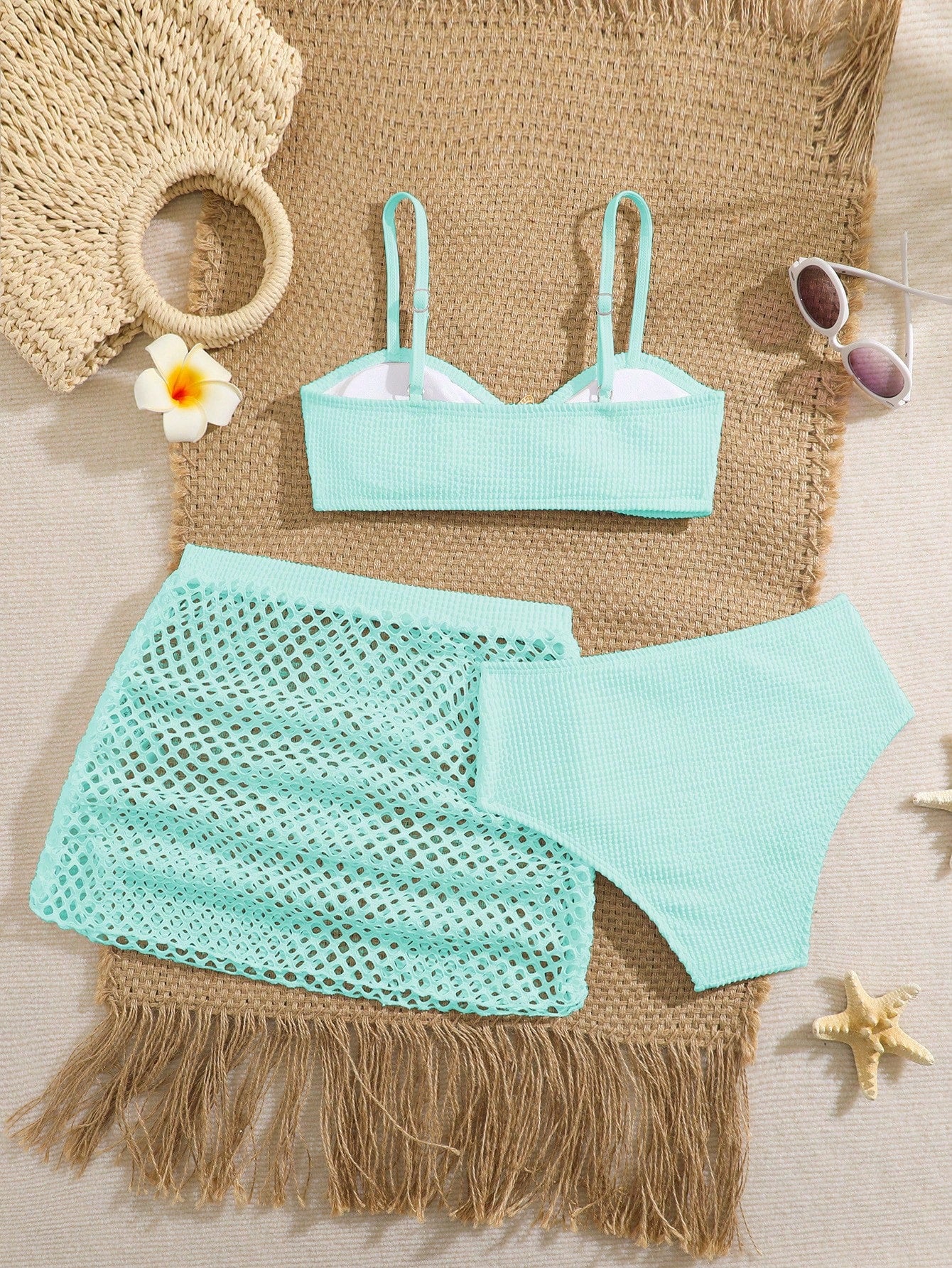 Pink Summer Cute Beach Holiday Tween Girl Elegant Bikini Set With Starfish Decor,Ruffle Beach Dress 3-Piece Children's Swimwear For Teenagers,Vacation