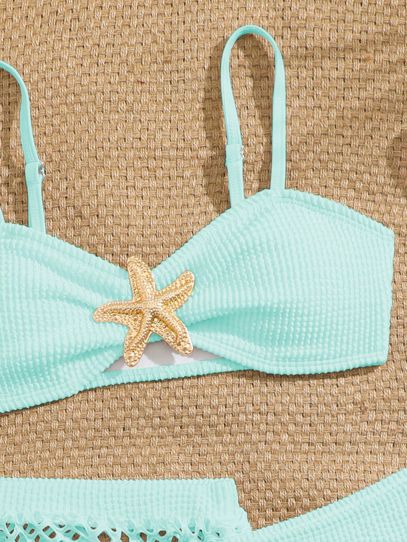 Pink Summer Cute Beach Holiday Tween Girl Elegant Bikini Set With Starfish Decor,Ruffle Beach Dress 3-Piece Children's Swimwear For Teenagers,Vacation