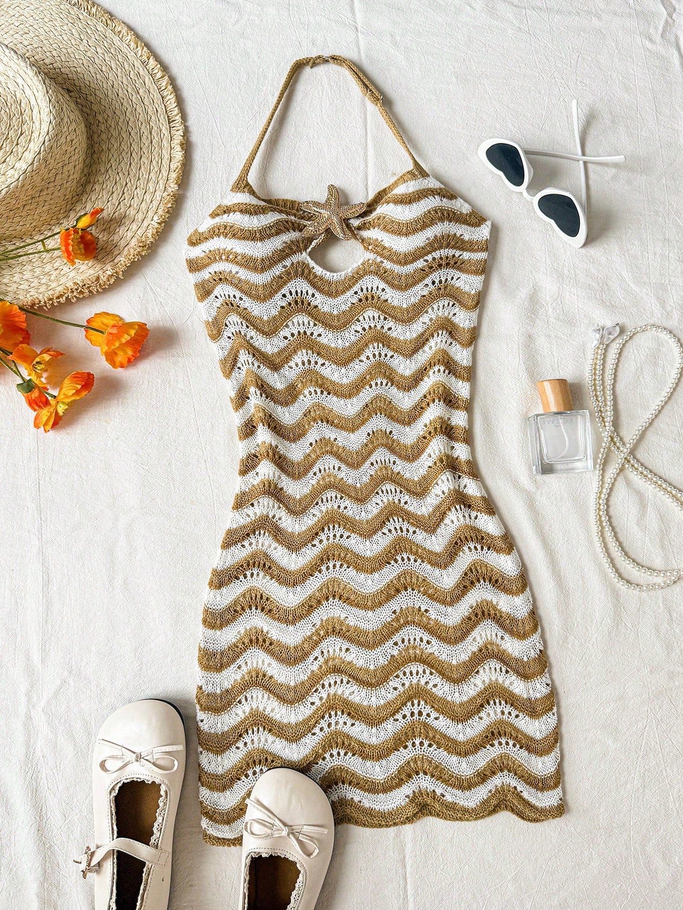 Brown tween girls hollow out halter cover-up dress with sleeveless design and all over print for beach vacation wear