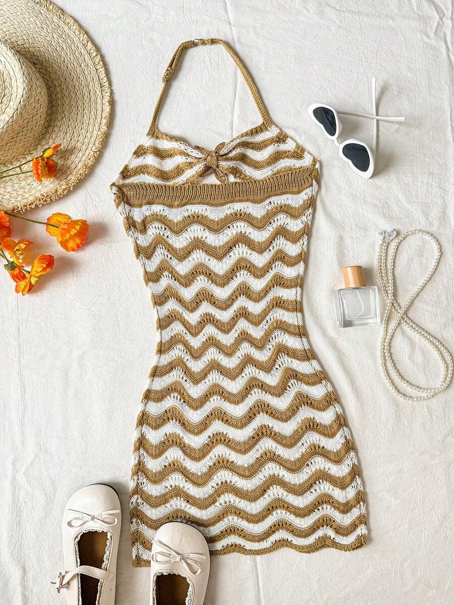 Brown tween girls hollow out halter cover-up dress with sleeveless design and all over print for beach vacation wear