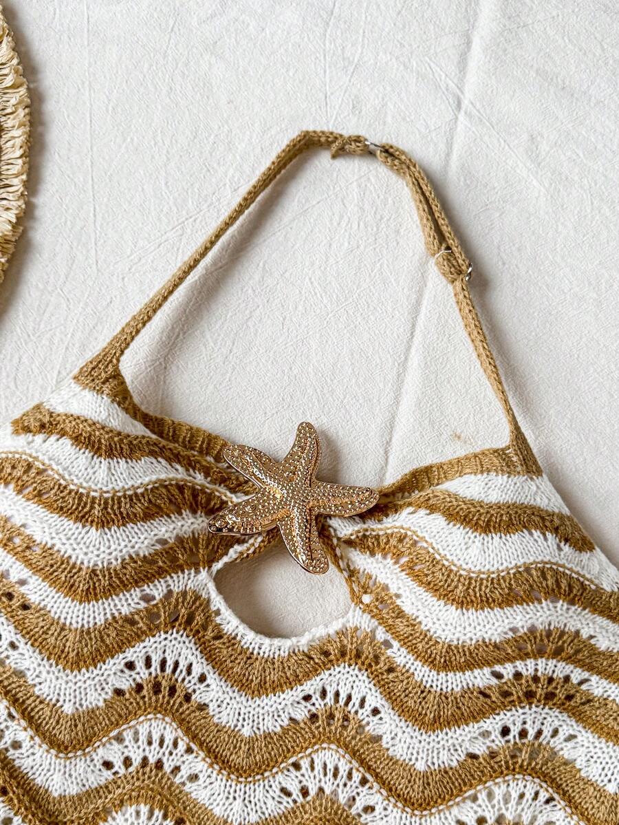 Brown tween girls hollow out halter cover-up dress with sleeveless design and all over print for beach vacation wear
