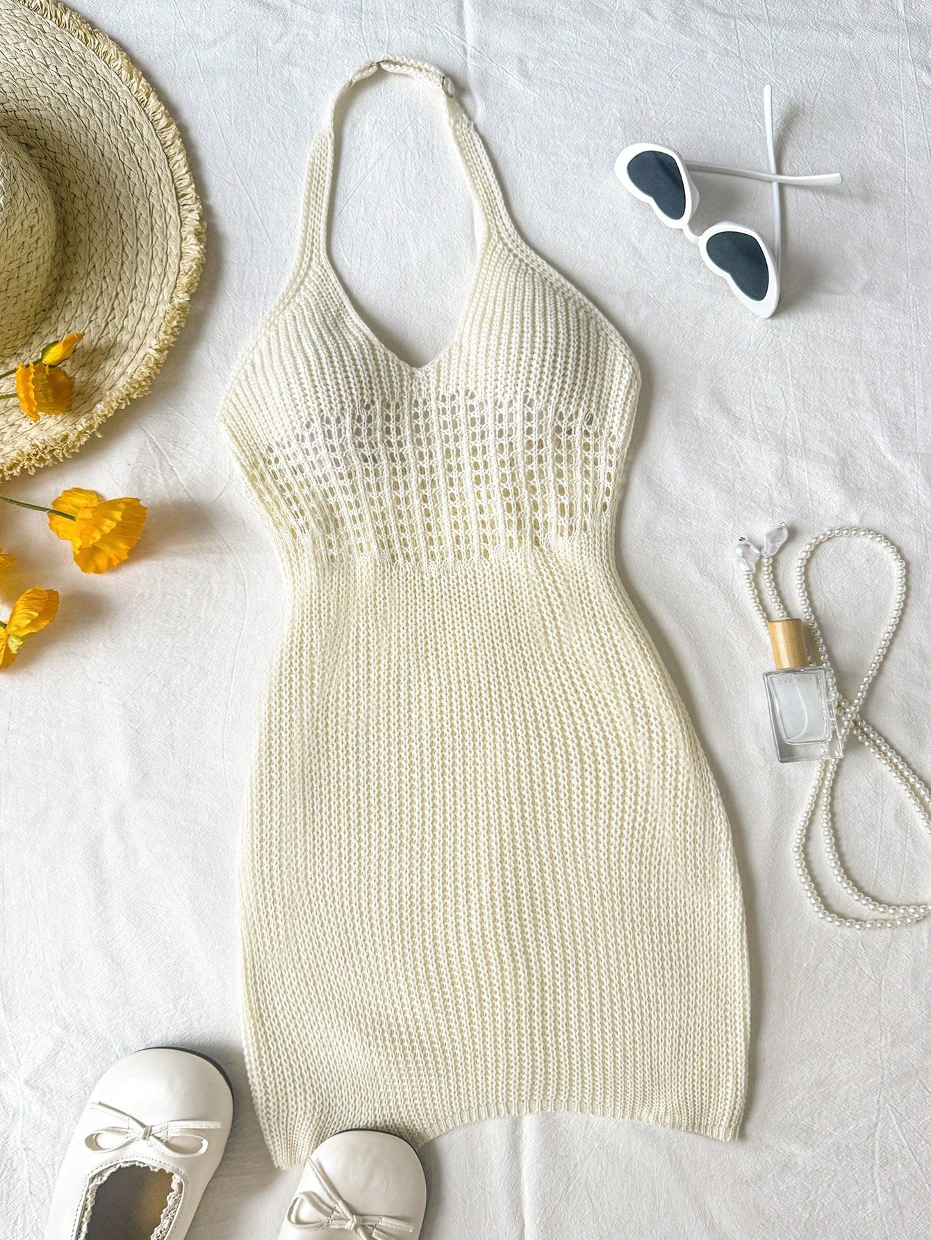 Apricot tween girls halter neck cover-up dress with hollow out cut-out details, split design, sleeveless style, and regular length in 100% acrylic.