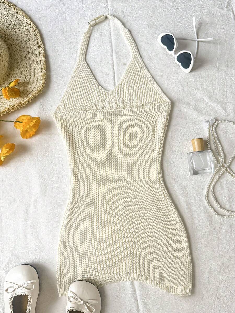 Apricot tween girls halter neck cover-up dress with hollow out cut-out details, split design, sleeveless style, and regular length in 100% acrylic.