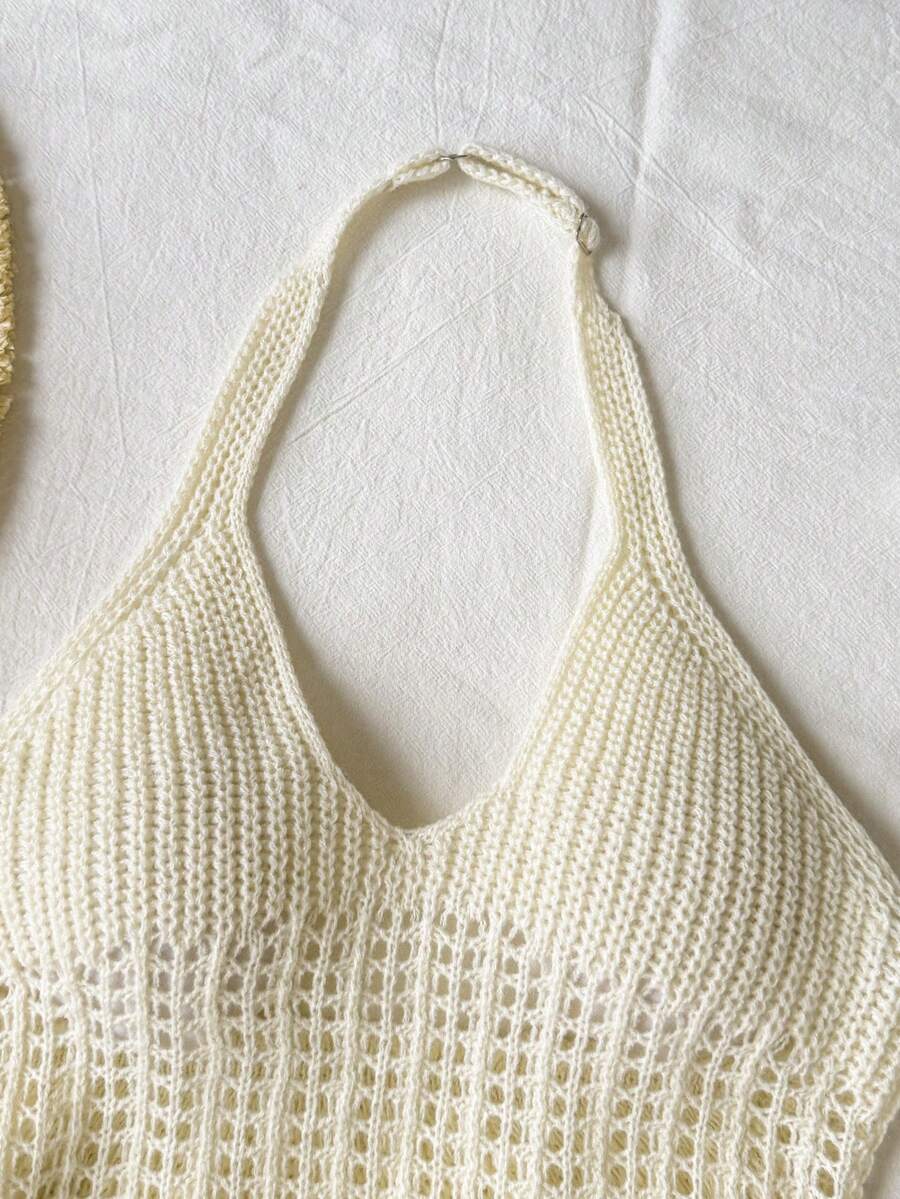 Apricot tween girls halter neck cover-up dress with hollow out cut-out details, split design, sleeveless style, and regular length in 100% acrylic.