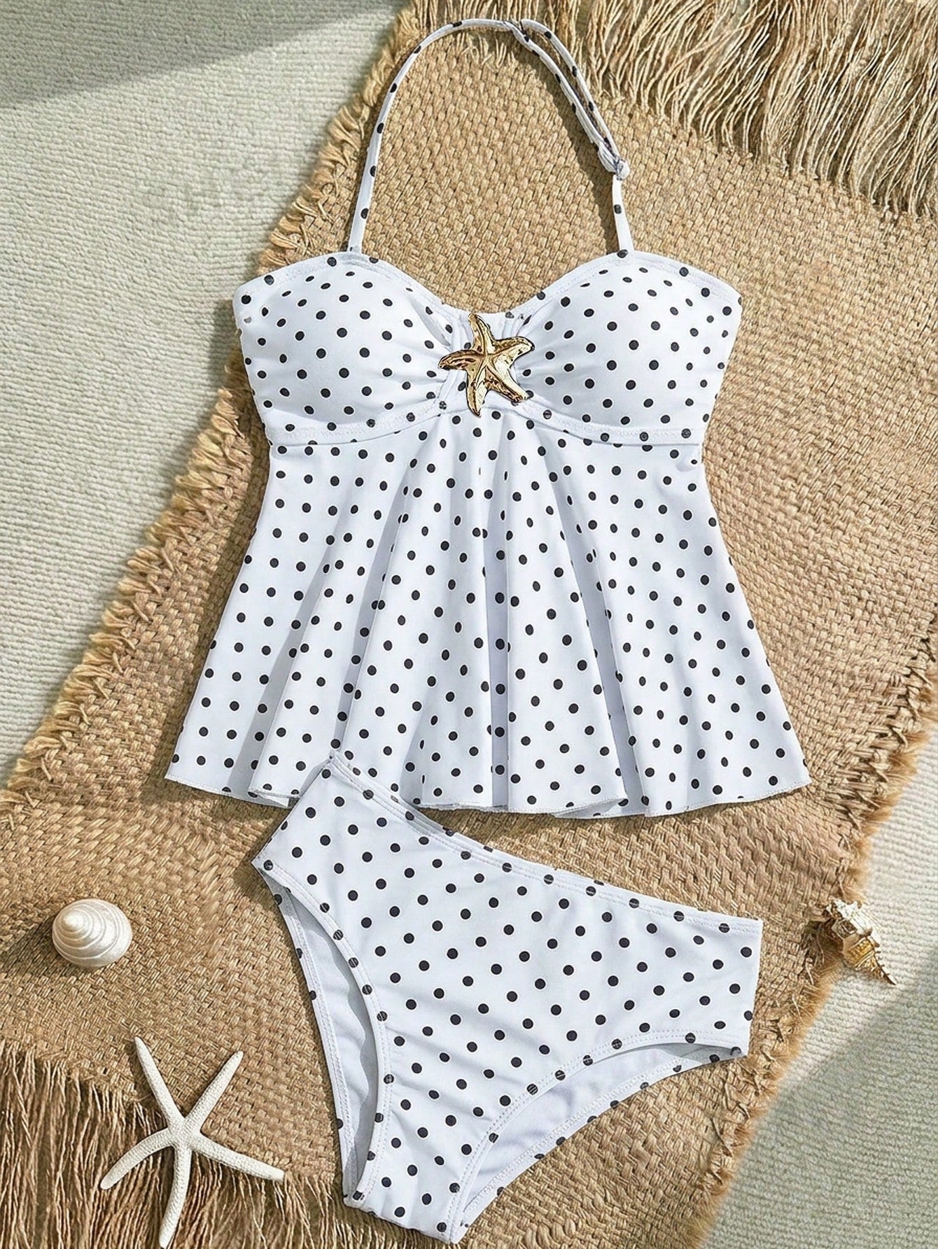 Tween Girl Tween Girl Textured Knit Apricot Halter Gold Shell Tankini Swimwear Set