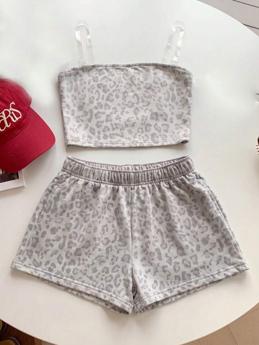 Tween girls two-piece summer outfit featuring a brown strapless tube top with contrast pink tape accent and matching brown shorts with pockets.