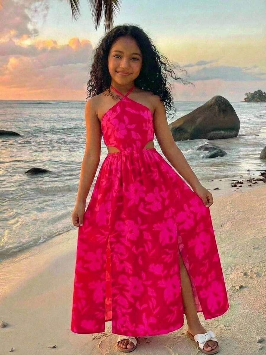 Tween girl yellow long halter dress with cutout waist, split detail, shirred textured fabric, sleeveless design, high waist, and flared hem for beach vacation wear.
