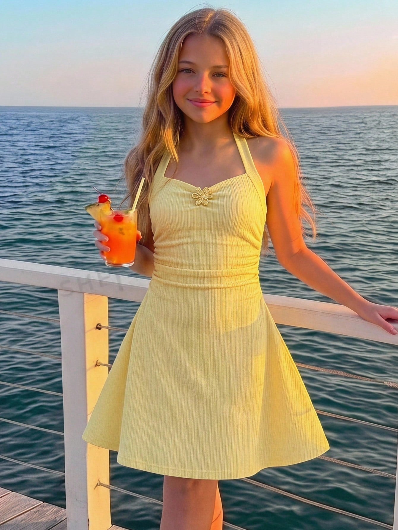Apricot tween girls sleeveless halter cami dress with appliques, bow front, zipper detail, high waist, flared hem, and short slim fit design.