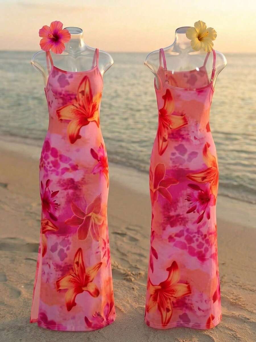 Tween girls long floral print cami dress with spaghetti straps, slim fit, slit hem, and multicolor vacation beach style.