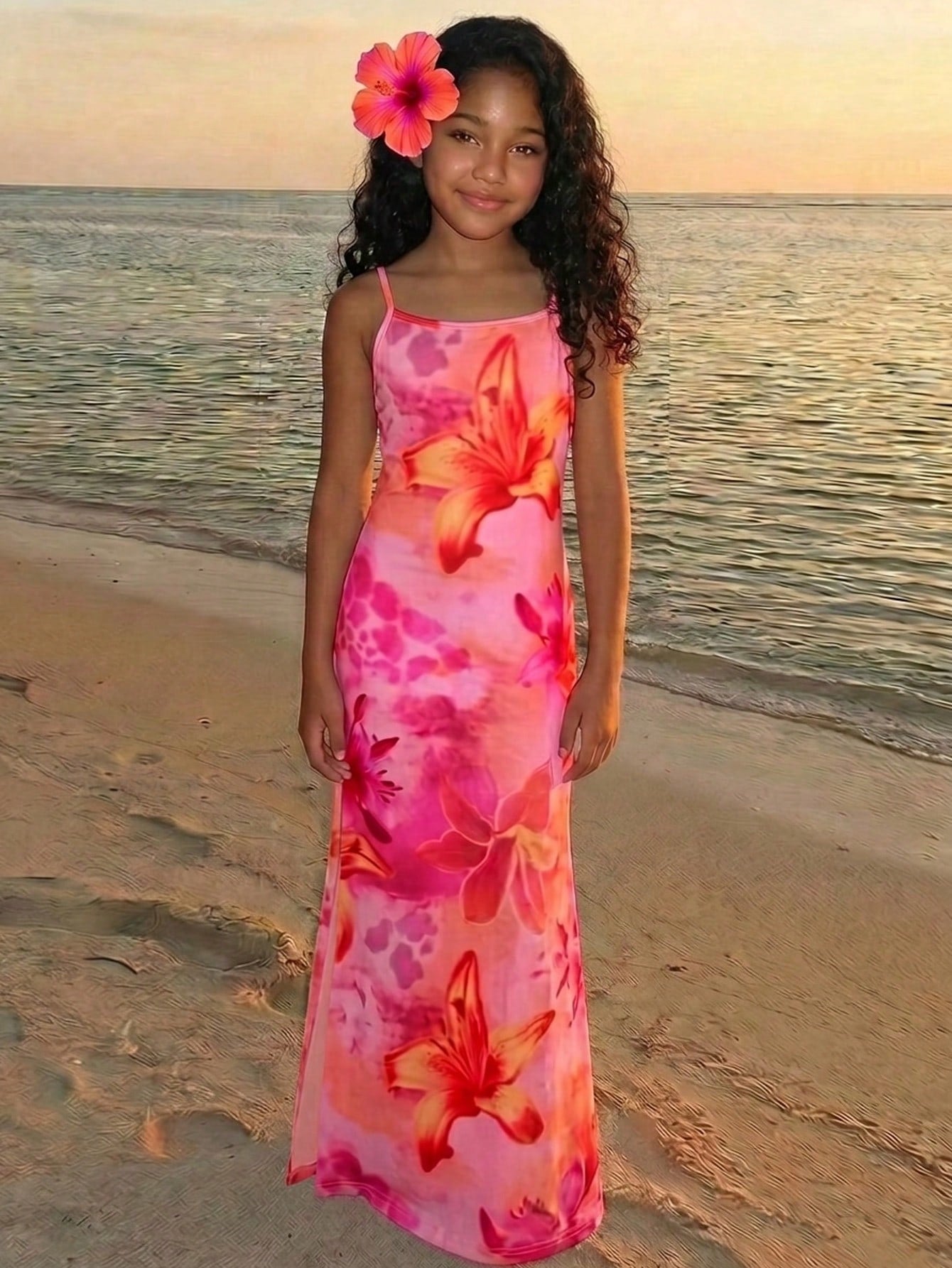 Tween girls long floral print cami dress with spaghetti straps, slim fit, slit hem, and multicolor vacation beach style.